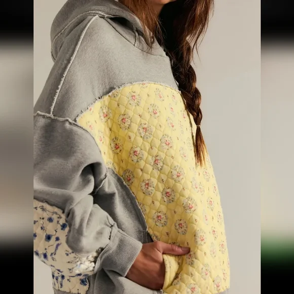 Floral Patchwork Hoodie - Gray and Yellow - Picture 3 of 3